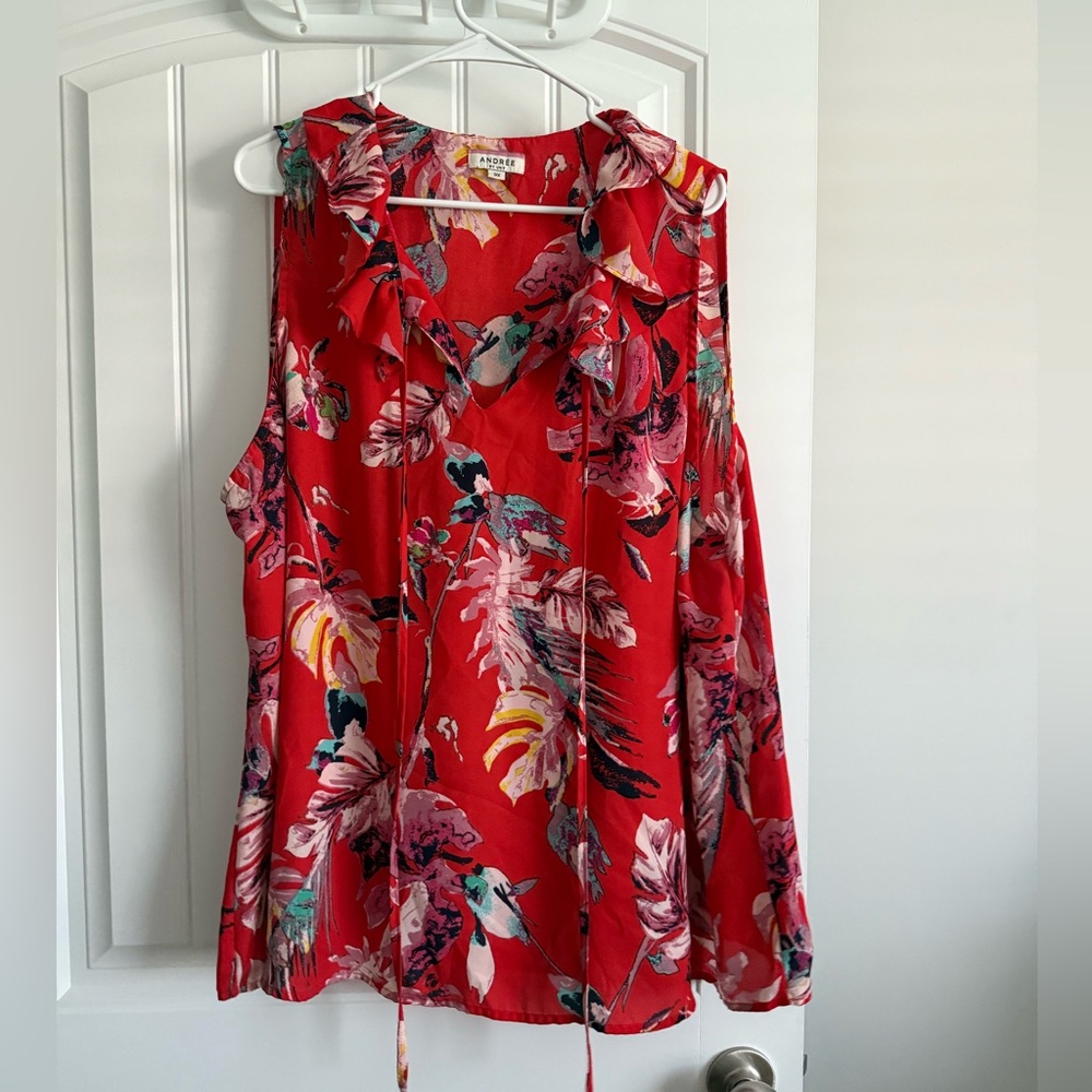 Orange Ruffled Tie Front Sleeveless Blouse